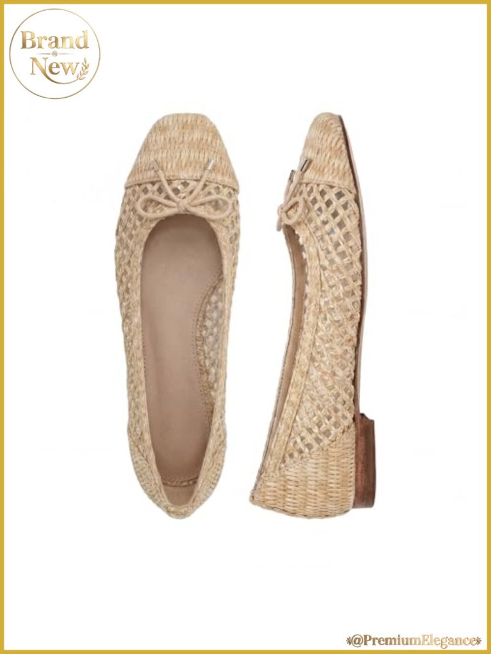 Women's Raffia Woven Square Toe Bow Slip On Ballet Flats